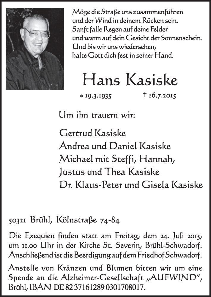  Traueranzeige für Hans Kasiske vom 22.07.2015 aus  Schlossbote/Werbekurier 
