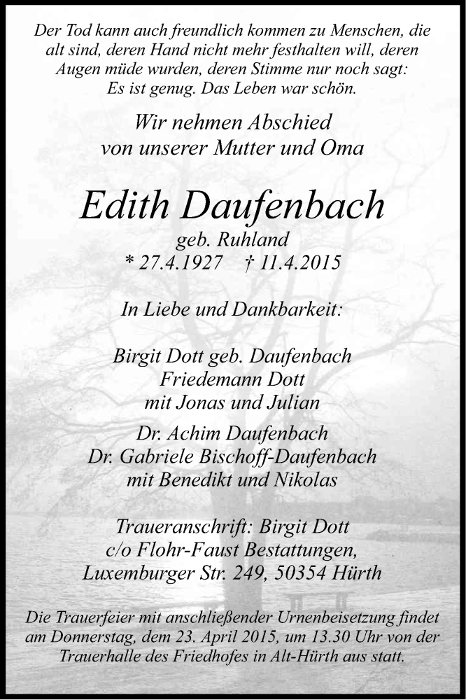  Traueranzeige für Edith Daufenbach vom 18.04.2015 aus Kölner Stadt-Anzeiger / Kölnische Rundschau / Express