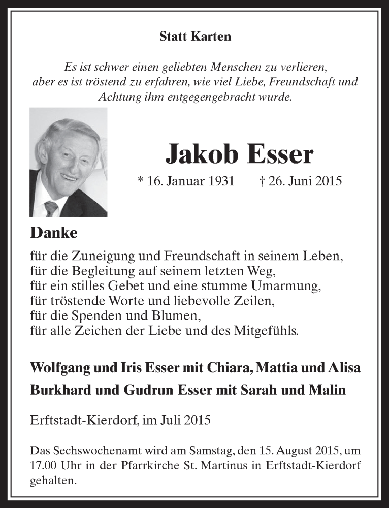  Traueranzeige für Jakob Esser vom 22.07.2015 aus  Werbepost 