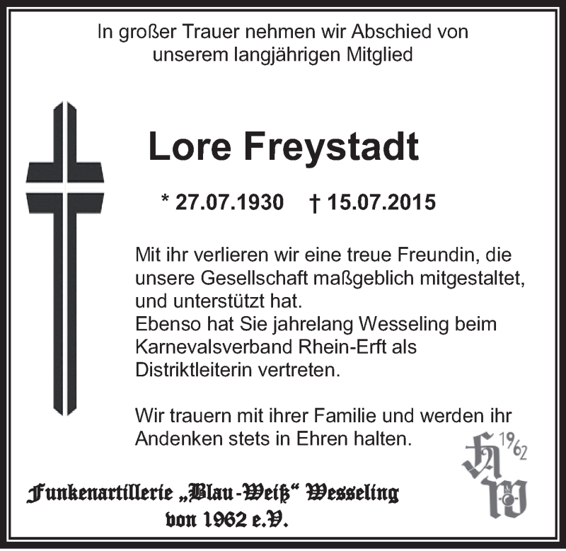  Traueranzeige für Lore Freystadt vom 22.07.2015 aus  Schlossbote/Werbekurier 