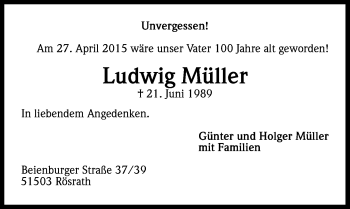 Anzeige von Ludwig Müller von Kölner Stadt-Anzeiger / Kölnische Rundschau / Express