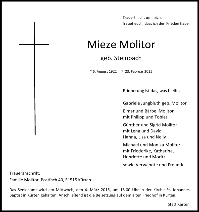  Traueranzeige für Mieze Molitor vom 28.02.2015 aus Kölner Stadt-Anzeiger / Kölnische Rundschau / Express