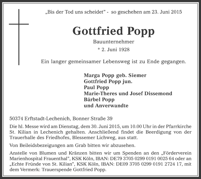  Traueranzeige für Gottfried Popp vom 27.06.2015 aus  Sonntags-Post 