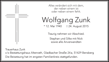 Anzeige von Wolfgang Zunk von  Bergisches Handelsblatt 