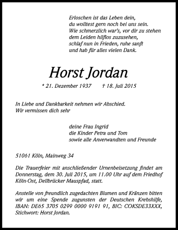 Anzeige von Horst Jordan von Kölner Stadt-Anzeiger / Kölnische Rundschau / Express
