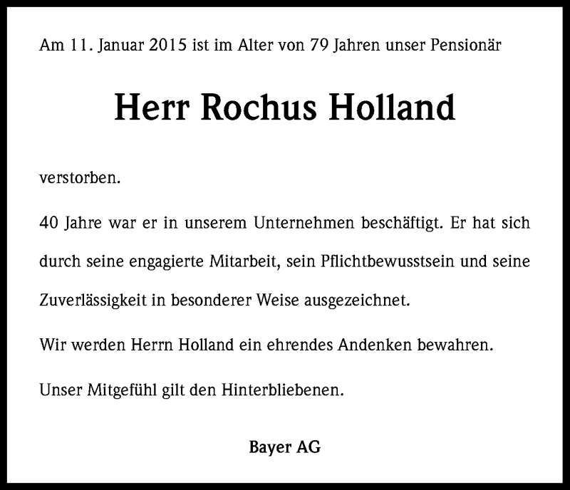  Traueranzeige für Rochus Holland vom 19.01.2015 aus Kölner Stadt-Anzeiger / Kölnische Rundschau / Express