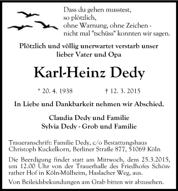 Anzeige von Karl-Heinz Dedy von Kölner Stadt-Anzeiger / Kölnische Rundschau / Express