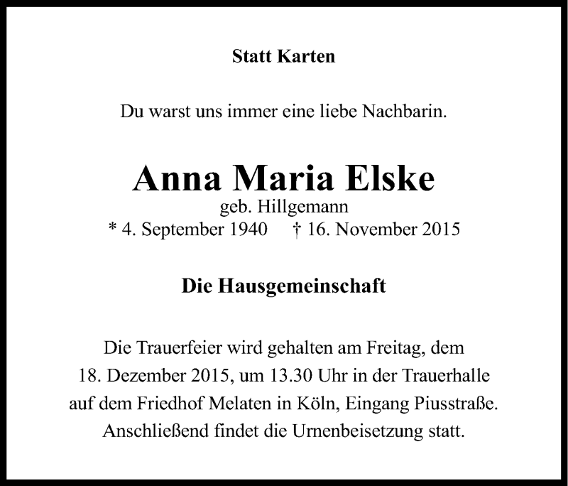  Traueranzeige für Anna Maria Elske vom 12.12.2015 aus Kölner Stadt-Anzeiger / Kölnische Rundschau / Express