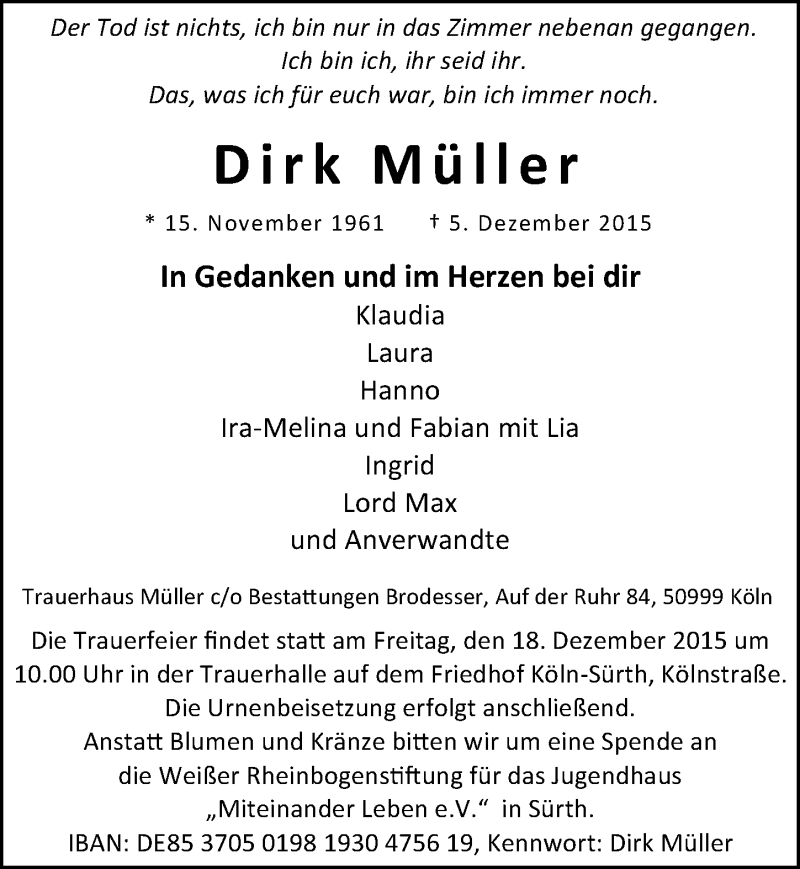  Traueranzeige für Dirk Müller vom 16.12.2015 aus  Kölner Wochenspiegel 