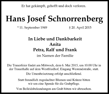Anzeige von Hans Josef Schnorrenberg von Kölner Stadt-Anzeiger / Kölnische Rundschau / Express