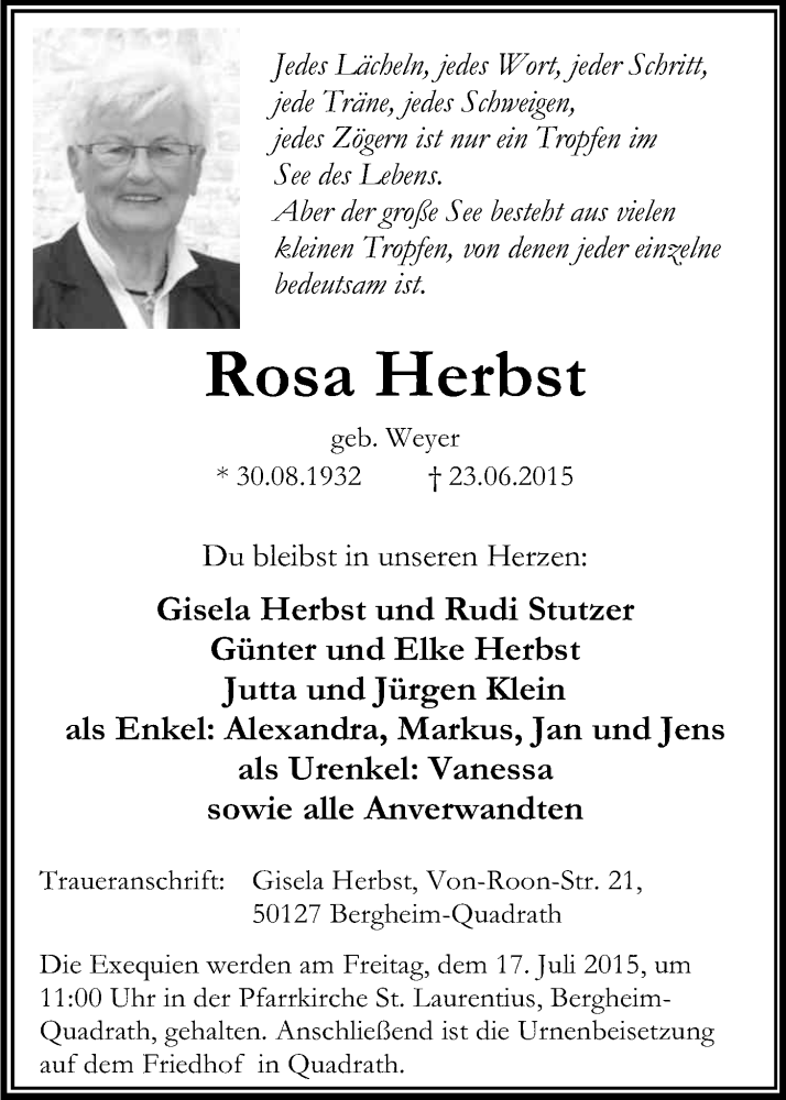  Traueranzeige für Rosa Herbst vom 11.07.2015 aus Kölner Stadt-Anzeiger / Kölnische Rundschau / Express