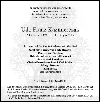 Anzeige von Udo Franz Kazmierczak von Kölner Stadt-Anzeiger / Kölnische Rundschau / Express