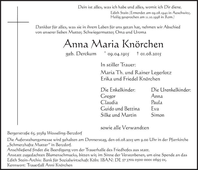  Traueranzeige für Anna Maria Knörchen vom 05.08.2015 aus  Schlossbote/Werbekurier 