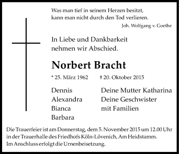 Anzeige von Norbert Bracht von Kölner Stadt-Anzeiger / Kölnische Rundschau / Express