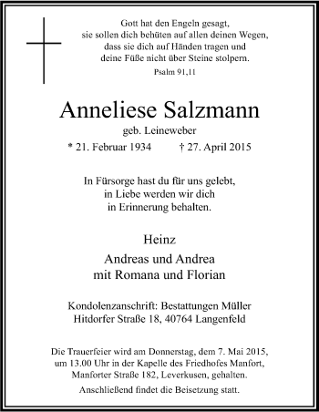 Anzeige von Anneliese Salzmann von Kölner Stadt-Anzeiger / Kölnische Rundschau / Express