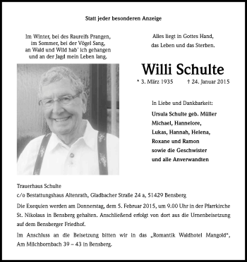 Anzeige von Willi Schulte von Kölner Stadt-Anzeiger / Kölnische Rundschau / Express