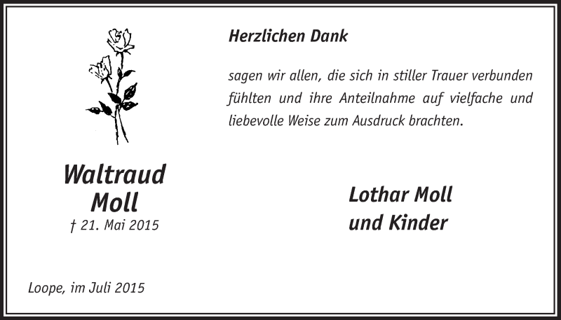  Traueranzeige für Waltraud Moll vom 01.07.2015 aus  Anzeigen Echo 