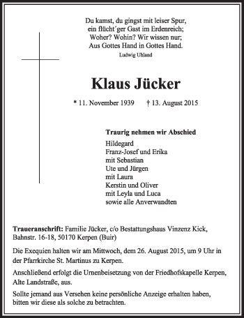 Anzeige von Klaus Jücker von  Sonntags-Post 
