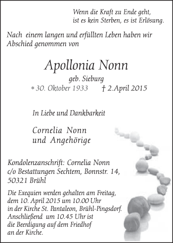 Anzeige von Apollonia Nonn von  Schlossbote/Werbekurier 