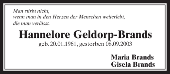 Anzeige von Hannelore Geldorp-Brands von  Wochenende 
