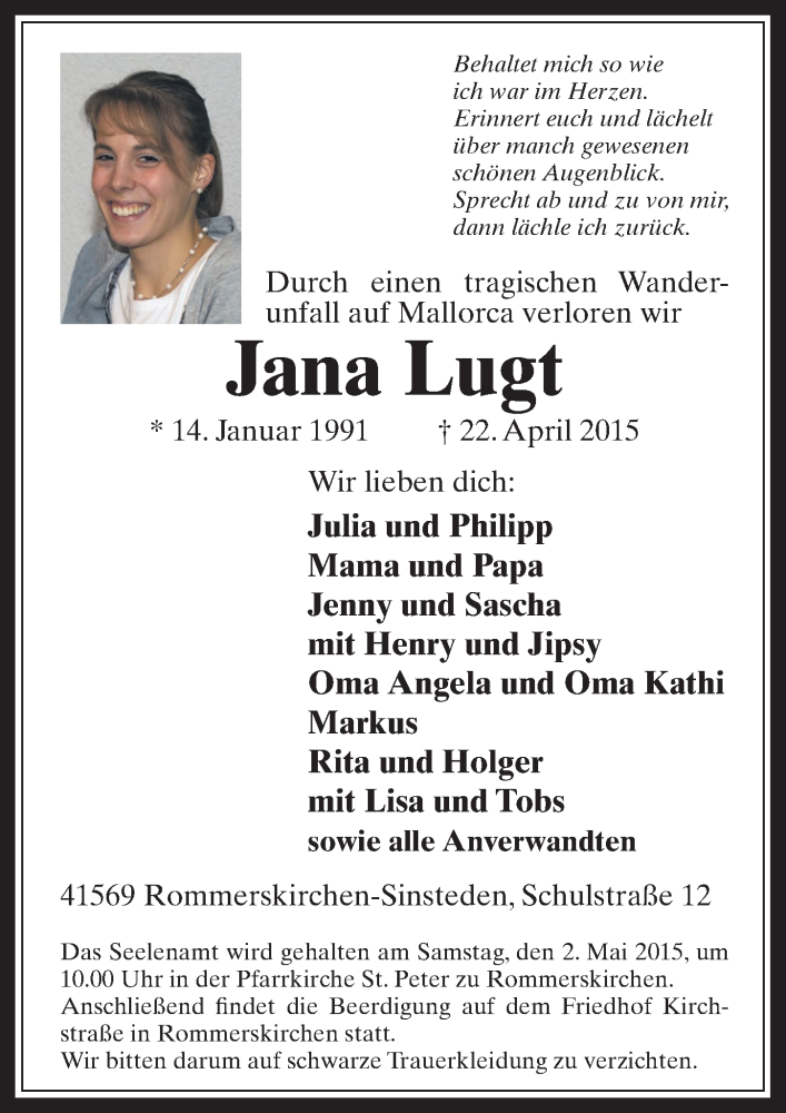  Traueranzeige für Jana Lugt vom 29.04.2015 aus  Werbepost 