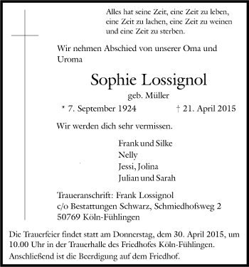 Anzeige von Sophie Lossignol von Kölner Stadt-Anzeiger / Kölnische Rundschau / Express