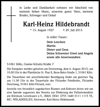 Anzeige von Karl-Heinz Hildebrandt von Kölner Stadt-Anzeiger / Kölnische Rundschau / Express