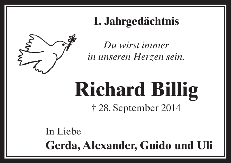  Traueranzeige für Richard Billig vom 07.10.2015 aus  Werbepost 