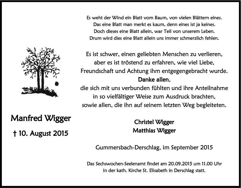  Traueranzeige für Manfred Wigger vom 12.09.2015 aus Kölner Stadt-Anzeiger / Kölnische Rundschau / Express