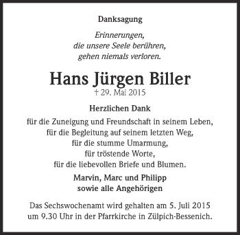 Anzeige von Hans Jürgen Biller von  Blickpunkt Euskirchen 