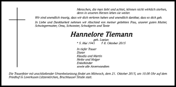 Anzeige von Hannelore Tiemann von Kölner Stadt-Anzeiger / Kölnische Rundschau / Express