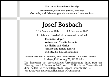 Anzeige von Josef Bosbach von Kölner Stadt-Anzeiger / Kölnische Rundschau / Express