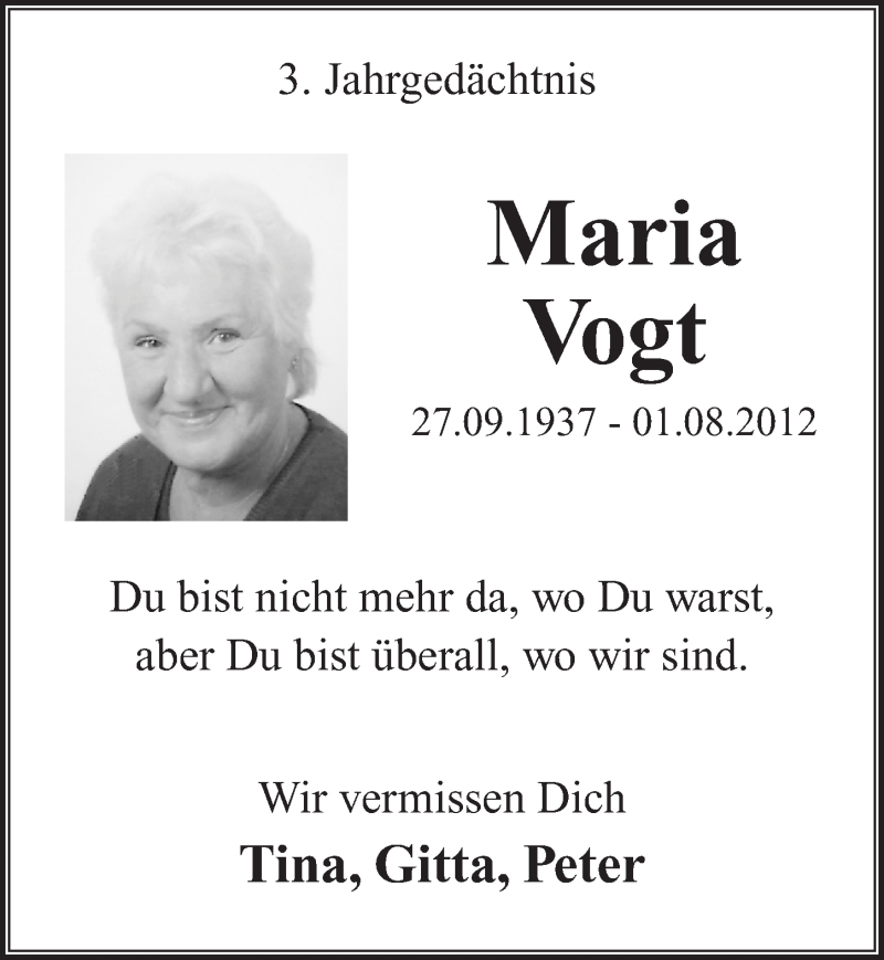  Traueranzeige für Maria Vogt vom 05.08.2015 aus  Extra Blatt 