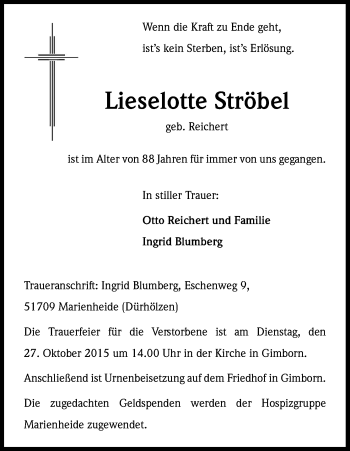 Anzeige von Lieselotte Ströbel von Kölner Stadt-Anzeiger / Kölnische Rundschau / Express