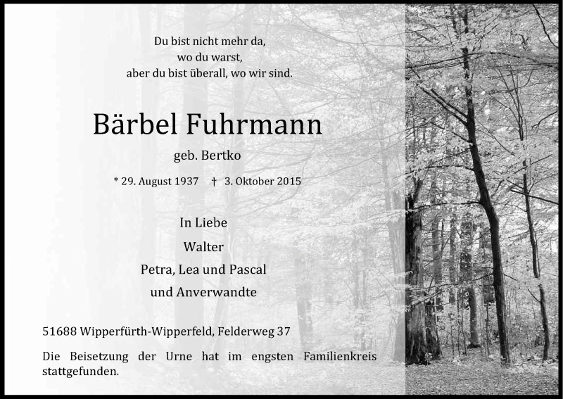  Traueranzeige für Bärbel Fuhrmann vom 14.10.2015 aus Kölner Stadt-Anzeiger / Kölnische Rundschau / Express