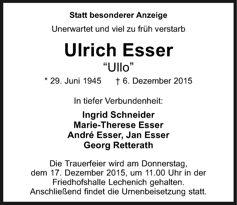  Traueranzeige für Ulrich Esser vom 12.12.2015 aus Kölner Stadt-Anzeiger / Kölnische Rundschau / Express