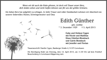 Anzeige von Edith Günther von Kölner Stadt-Anzeiger / Kölnische Rundschau / Express