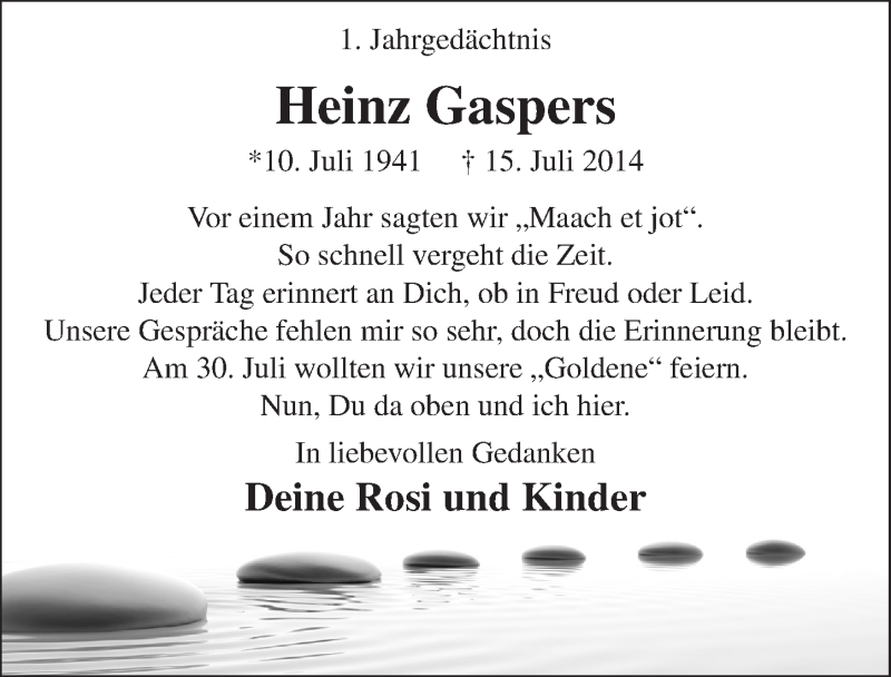  Traueranzeige für Heinz Gaspers vom 15.07.2015 aus  Anzeigen Echo 
