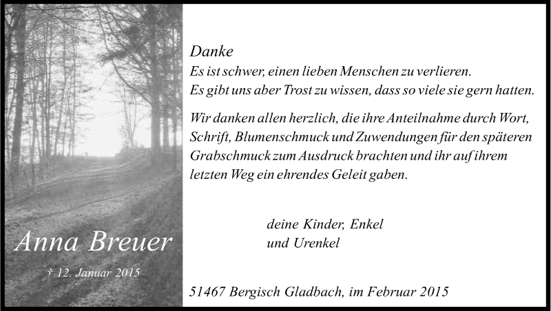  Traueranzeige für Anna Breuer vom 14.02.2015 aus Kölner Stadt-Anzeiger / Kölnische Rundschau / Express