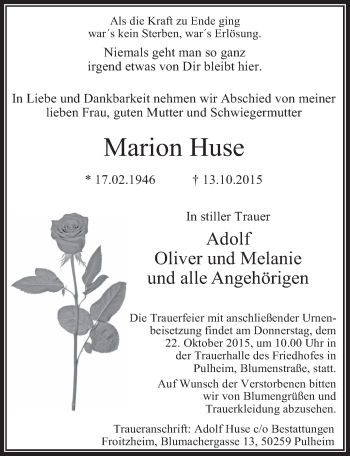 Anzeige von Marion Huse von  Sonntags-Post 