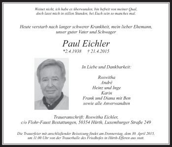 Anzeige von Paul Eichler von  Wochenende 