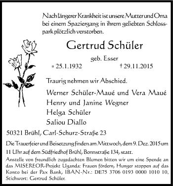Anzeige von Gertrud Schüler von Kölner Stadt-Anzeiger / Kölnische Rundschau / Express