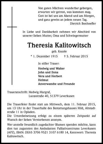 Anzeige von Theresia Kalitowitsch von Kölner Stadt-Anzeiger / Kölnische Rundschau / Express