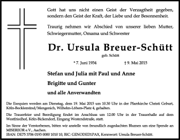 Anzeige von Ursula Breuer-Schütt von Kölner Stadt-Anzeiger / Kölnische Rundschau / Express