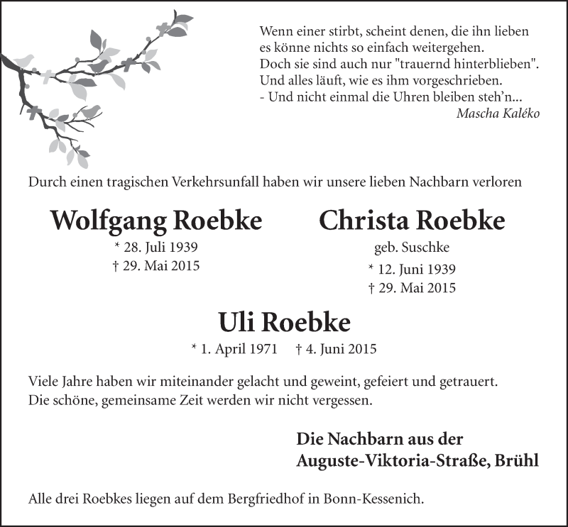  Traueranzeige für Wolfgang und Christa und Uli Roebke vom 17.06.2015 aus  Schlossbote/Werbekurier 