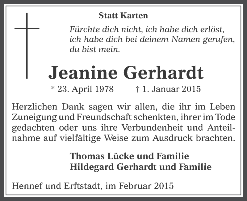  Traueranzeige für Jeanine Gerhardt vom 04.02.2015 aus  Werbepost 