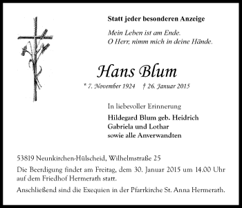 Anzeige von Hans Blum von Kölner Stadt-Anzeiger / Kölnische Rundschau / Express