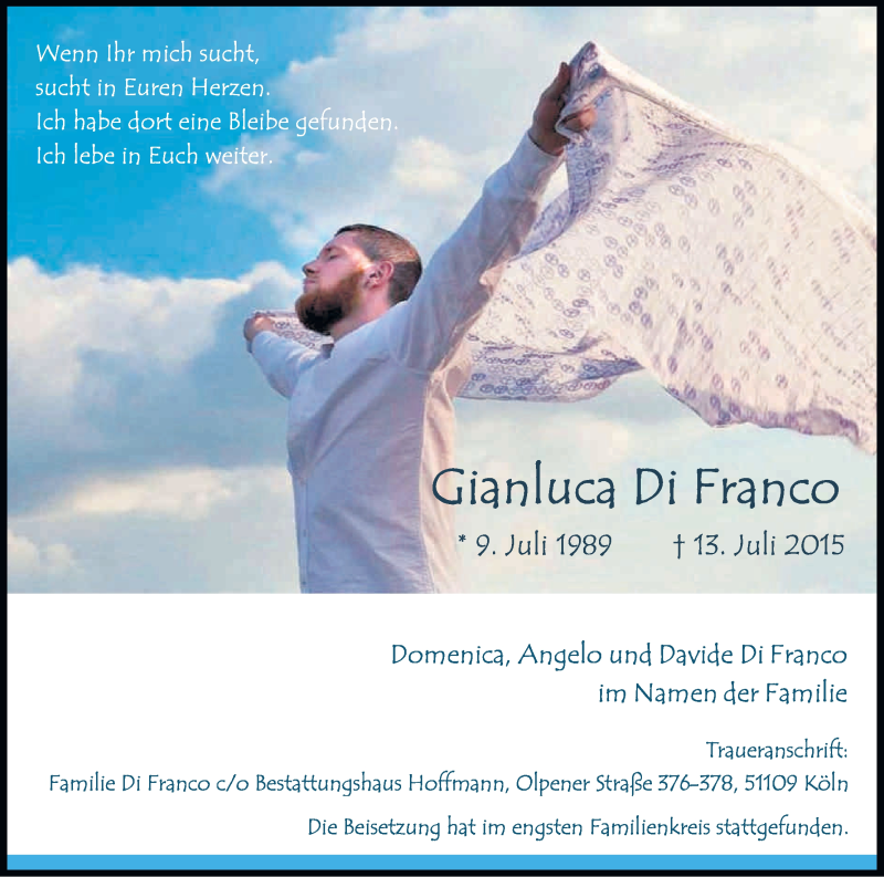  Traueranzeige für Gianluca Di Franco vom 08.08.2015 aus Kölner Stadt-Anzeiger / Kölnische Rundschau / Express