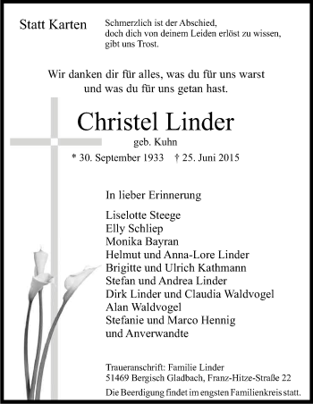 Anzeige von Christel Linder von Kölner Stadt-Anzeiger / Kölnische Rundschau / Express