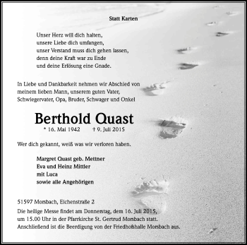 Anzeige von Berthold Quast von Kölner Stadt-Anzeiger / Kölnische Rundschau / Express